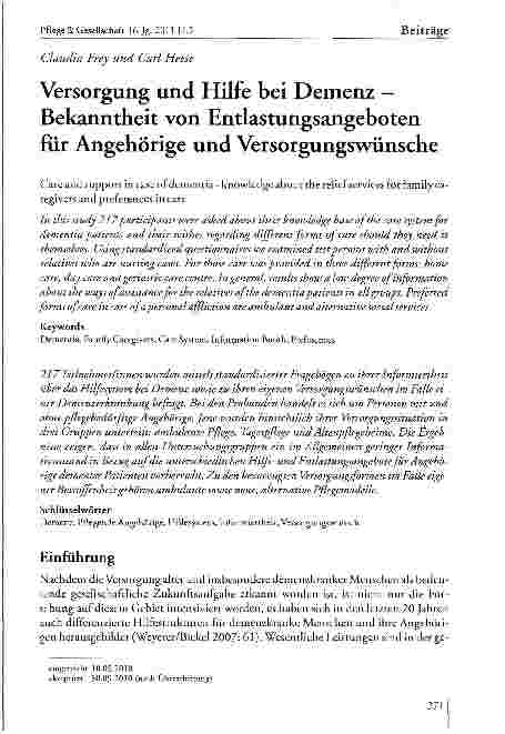 Vorschauseite 1: Versorgung und Hilfe bei Demenz -Bekanntheit von Entlastungsangeboten für Angehörige und Versorgungswünsche