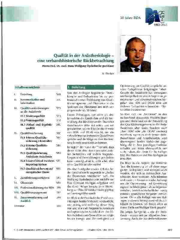 Vorschauseite 1: Qualität in der Anästhesiologie -eine verbandshistorische Rückbetrachtung