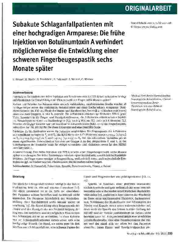 Vorschauseite 1: Subakute Schlaganfallpatienten mit einer hochgradigen Armparese: Die frühe Injektion von Botulinumtoxin Averhindert möglicherweise die Entwicklung einer schweren Fingerbeugespasti…
