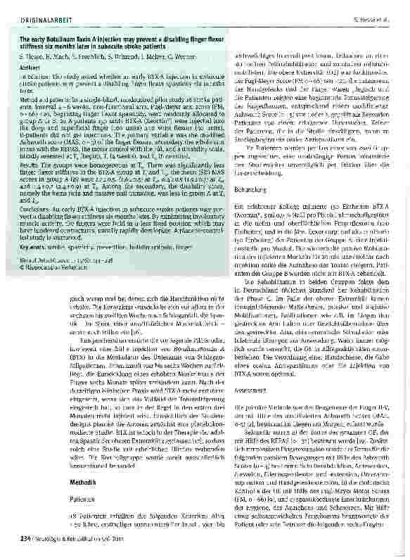 Vorschauseite 2: Subakute Schlaganfallpatienten mit einer hochgradigen Armparese: Die frühe Injektion von Botulinumtoxin Averhindert möglicherweise die Entwicklung einer schweren Fingerbeugespasti…