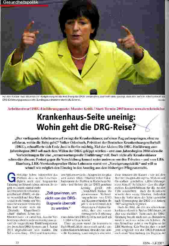 Vorschauseite 1: Krankenhaus-Seite uneinig: Wohin geht die DRG-Reise? Arbeitsentwurf DRG-Einführungsgesetz