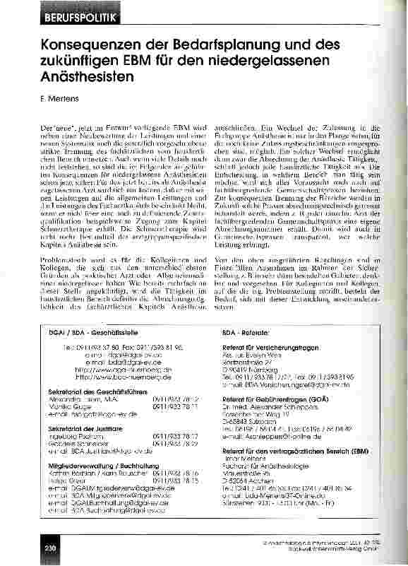 Vorschauseite 1: Konsequenzen der Bedarfsplanung und des zukünftigen EBM für den niedergelassenen Anästhesisten