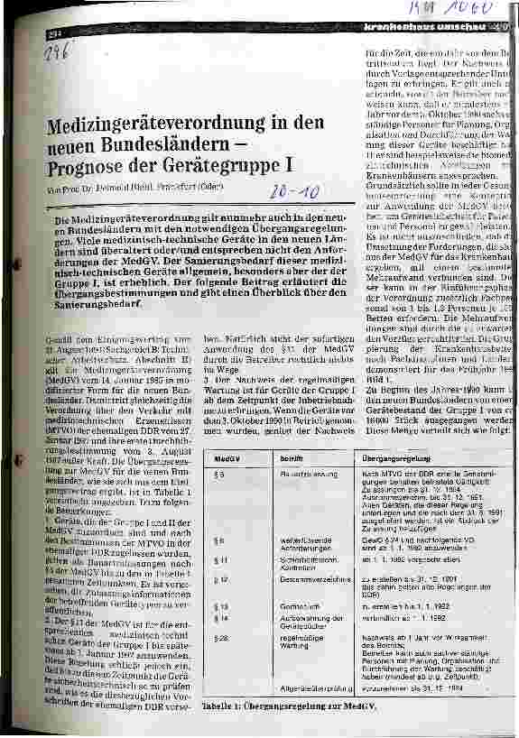Vorschauseite 1: Medizingeräteverordnung in den neuen Bundesländern - Prognose der Gerätegruppe I