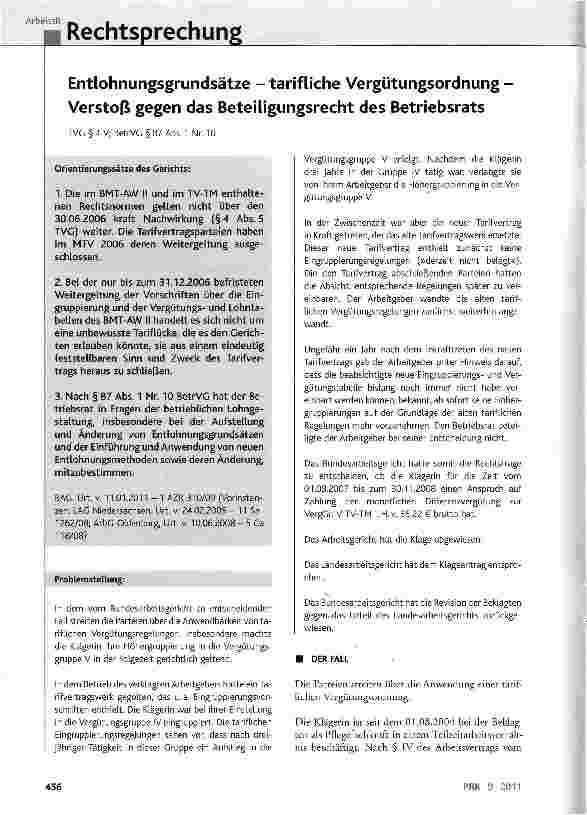 Vorschauseite 1: Entlohnungsgrundsätze - tarifliche Vergütungsordnung Verstoß gegen das Beteiligungsrecht des Betriebsrats TVG § 4 V; BetrVG § 87 Abs. 1 Nr. 10