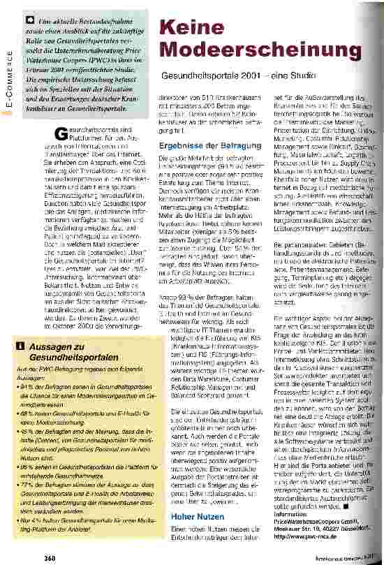 Vorschauseite 1: Keine Modeerscheinung Gesundheitsportale 2001 - eine Studie