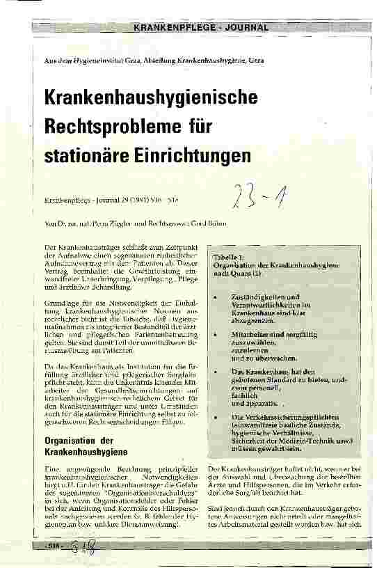 Vorschauseite 1: Krankenhaushygienische Rechtsprobleme für stationäre Einrichtungen