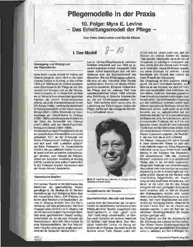 Vorschauseite 1: Pflegemodelle in der Praxis - 10. Folge: Myra E.Levine Das Erhaltungsmodell der Pflege
