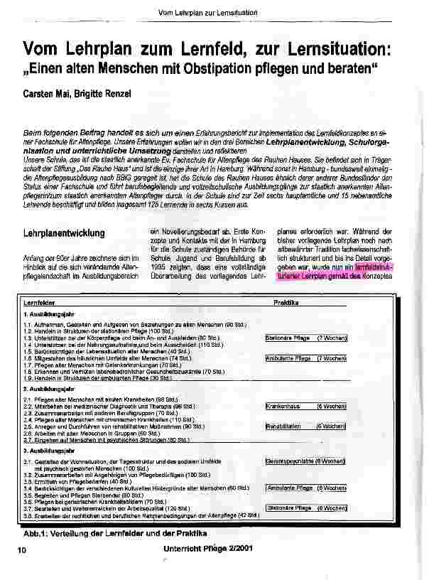 Vorschauseite 1: Vom Lehrplan zum Lernfeld, zur Lernsituation„Einen alten Menschen mit Obstipation pflegen und beraten