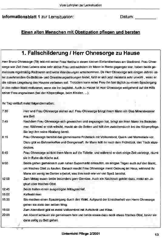 Vorschauseite 4: Vom Lehrplan zum Lernfeld, zur Lernsituation„Einen alten Menschen mit Obstipation pflegen und beraten