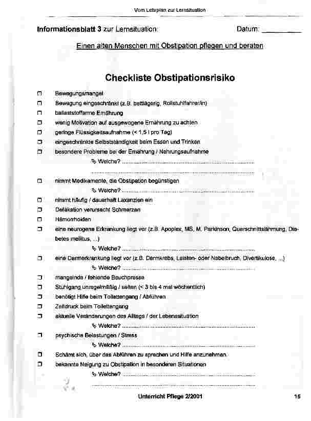 Vorschauseite 6: Vom Lehrplan zum Lernfeld, zur Lernsituation„Einen alten Menschen mit Obstipation pflegen und beraten