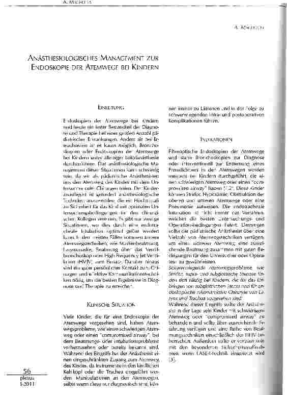 Vorschauseite 1: ANÄSTHESIOLOGISCHES MANAGEMENT ZUR ENDOSKOPIE DER ATEMWEGE BEI KINDERN
