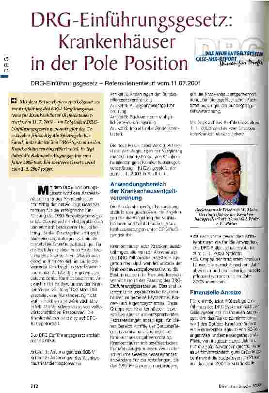 Vorschauseite 1: DRG-Einführungsgesetz: Krankenhäuser in der Pole Position DRG-Einführungsgesetz - Referentenentwurf vom 11.07.2001