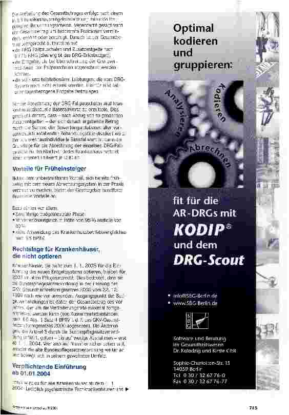 Vorschauseite 3: DRG-Einführungsgesetz: Krankenhäuser in der Pole Position DRG-Einführungsgesetz - Referentenentwurf vom 11.07.2001
