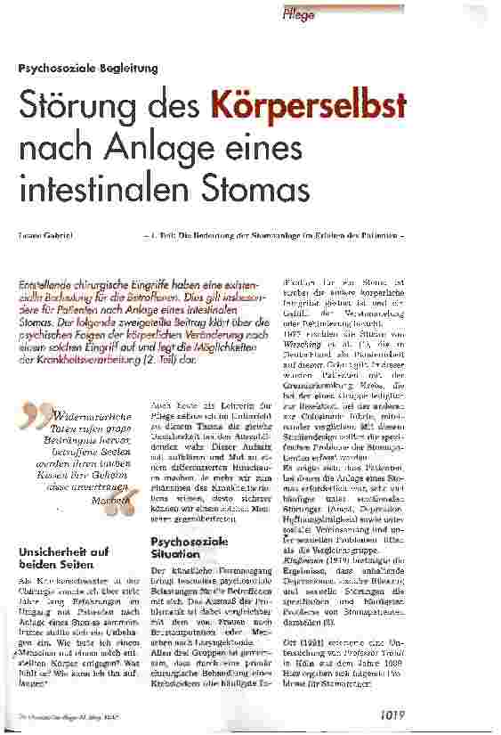 Vorschauseite 1: Störung des Körperselbst nach Anlage eines intestinalen Stomas 1. Teil: Die Bedeutung der Stomaanlage im Erleben des Patienten