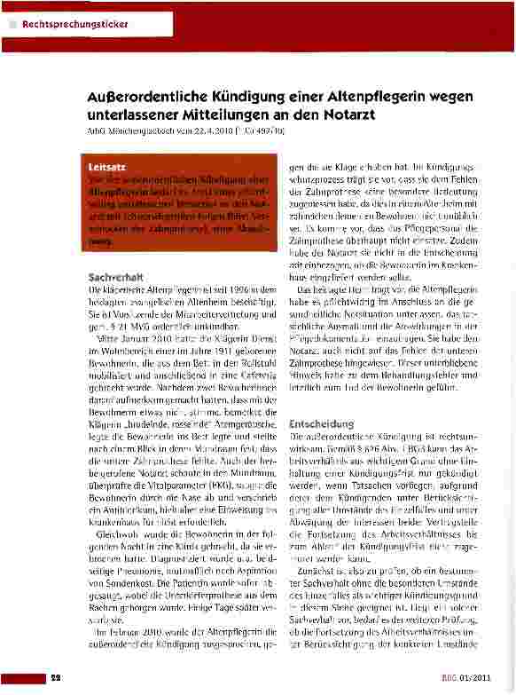 Vorschauseite 1: Außerordentliche Kündigung einer Altenpflegerin wegen unterlassener Mitteilungen an den NotarztArbG Mönchengladbach vom 22.4.2010 (1 Ca 497/10)