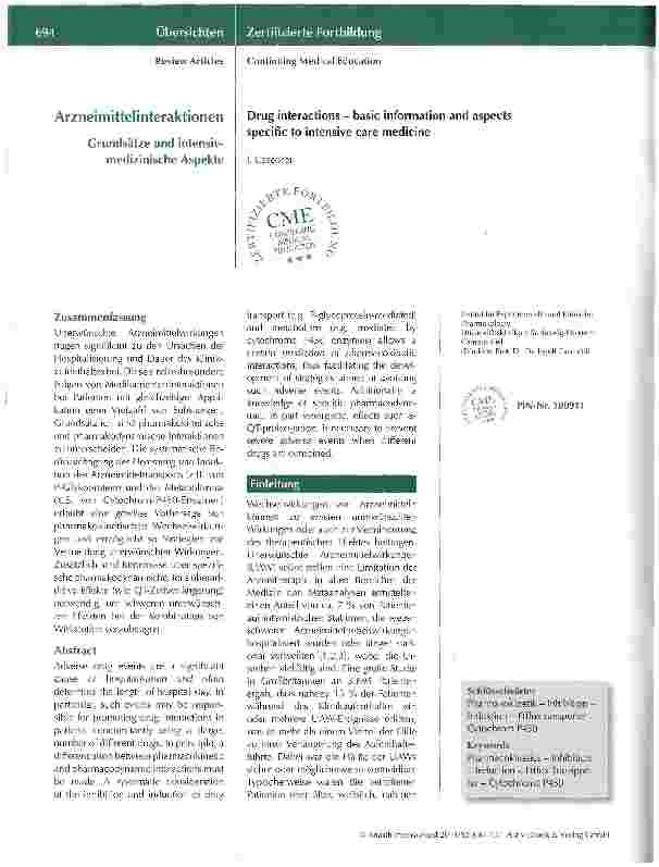 Vorschauseite 1: Arzneimittelinteraktionen Grundsätze und intensivmedizinische Aspekte