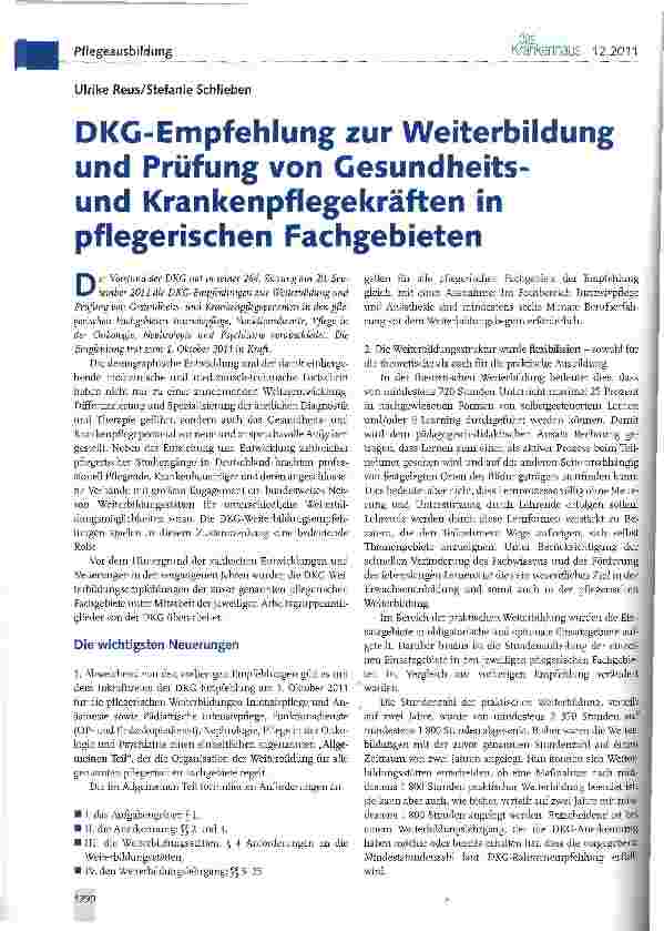 Vorschauseite 1: DKG-Empfehlung zur Weiterbildung und Prüfung von Gesundheitsund Krankenpflegekräften in pflegerischen Fachgebieten