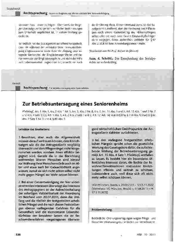 Vorschauseite 1: Zur Betriebsuntersagung eines Seniorenheims PfleWoqG Art. 1 Abs. 1, Art. 2 Abs. 1 Nr. 1, Art. 3, Abs. 2 Nr.8, Art. 7, Art. 13 Abs. 1 und 2, Art. 15 Abs. 1 und 2 Nr. 2 und Abs. 4 S…