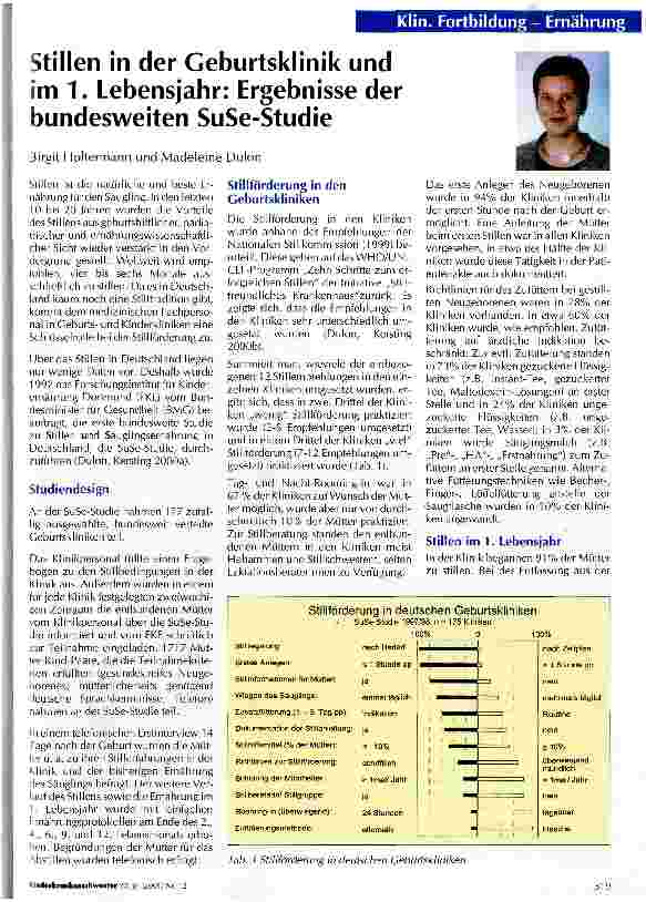 Vorschauseite 1: Stillen in der Geburtsklinik und im 1. Lebensjahr: Ergebnisse der bundesweiten SuSe-Studie