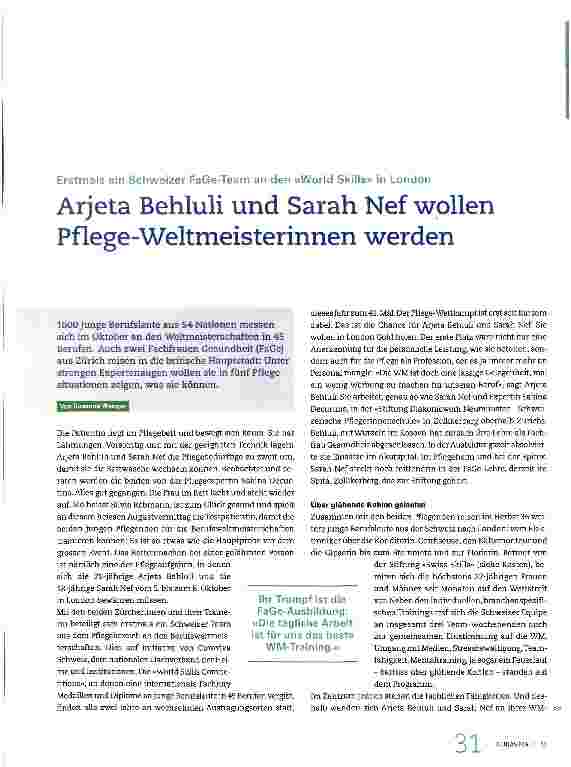 Vorschauseite 1: Arjeta Behluli und Sarah Nef wollen Pflege-Weltmeisterinnen werden