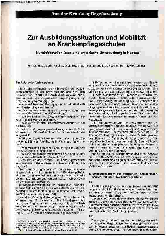 Vorschauseite 1: Zur Ausbildungsituation u. Mobilität an Krankenpflegeschulen