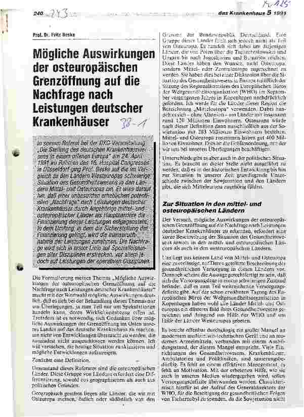 Vorschauseite 1: Mögliche Auswirkungen der osteuropäischen Grenzöffnung auf die Nachfrage nach Leistungen deutscher Krankenhäuser