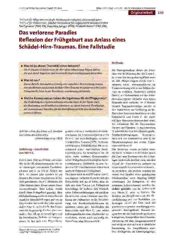 Vorschauseite 1: Das verlorene Paradies Reflexion der Frühgeburt aus Anlass eines Schädel-Hirn-Traumas. Eine Fallstudie