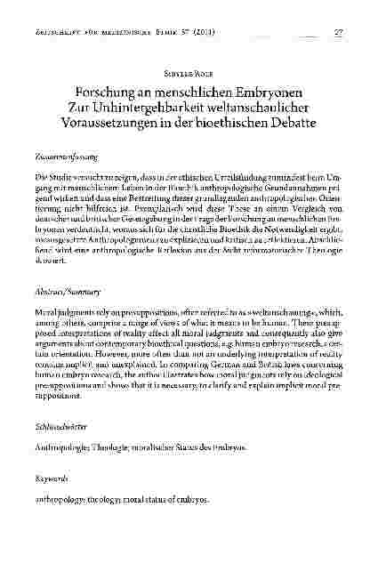 Vorschauseite 1: Forschung an menschlichen EmbryonenZur Unhintergehbarkeit weltanschaulicher Voraussetzungen in der bioethischen Debatte