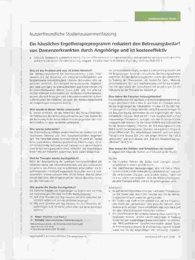 Vorschauseite 1: Nutzerfreundliche Studienzusammenfassung Ein häusliches Ergotherapieprogramm reduziert den Betreuungsbedarf von Demenzerkrankten durch Angehörige und ist kosteneffektiv