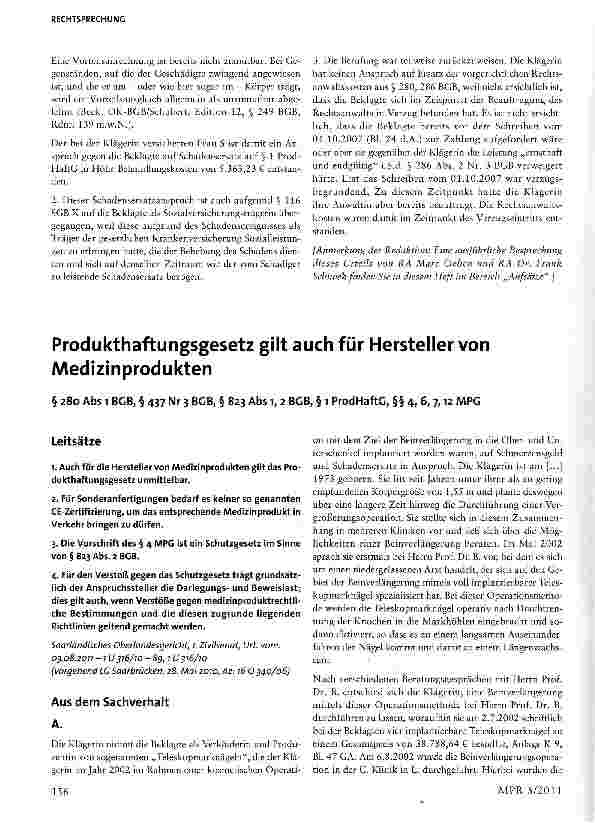 Vorschauseite 1: Produkthaftungsgesetz gilt auch für Hersteller von Medizinprodukten