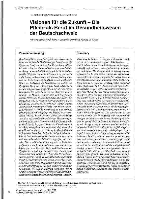 Vorschauseite 1: Visionen für die Zukunft - Die Pflege als Beruf im Gesundheitswesen der Deutschschweiz