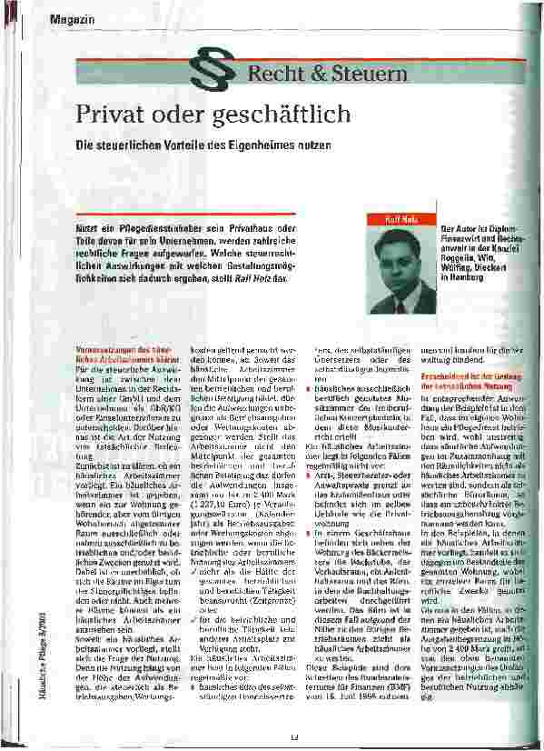 Vorschauseite 1: Privat oder geschäftlich Die steuerlichen Vorteile des Eigenheimes nutzen