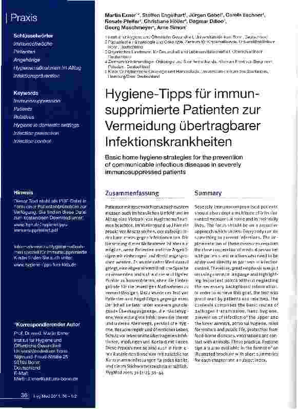 Vorschauseite 1: Hygiene-Tipps für immun-supprimierte Patienten zur Vermeidung übertragbarer Infektionskrankheiten