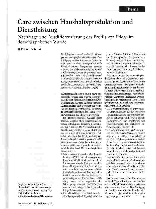 Vorschauseite 1: Care zwischen Haushaltsproduktion und DienstleistungNachfrage und Ausdifferenzierung des Profils von Pflege im demographischen Wandel