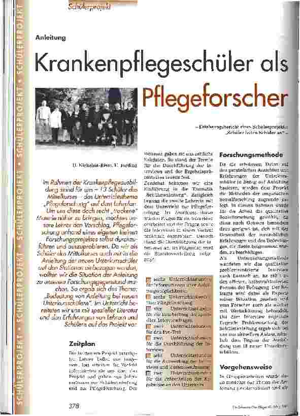 Vorschauseite 1: Krankenpflegeschüler als Pflegeforscher Erfahrungsbericht eines Schülerprojekts: Schüler leiten Schüler an