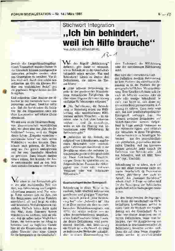 Vorschauseite 1: Stichwort Integration Ich bin behindert, weil ich Hilfe brauche