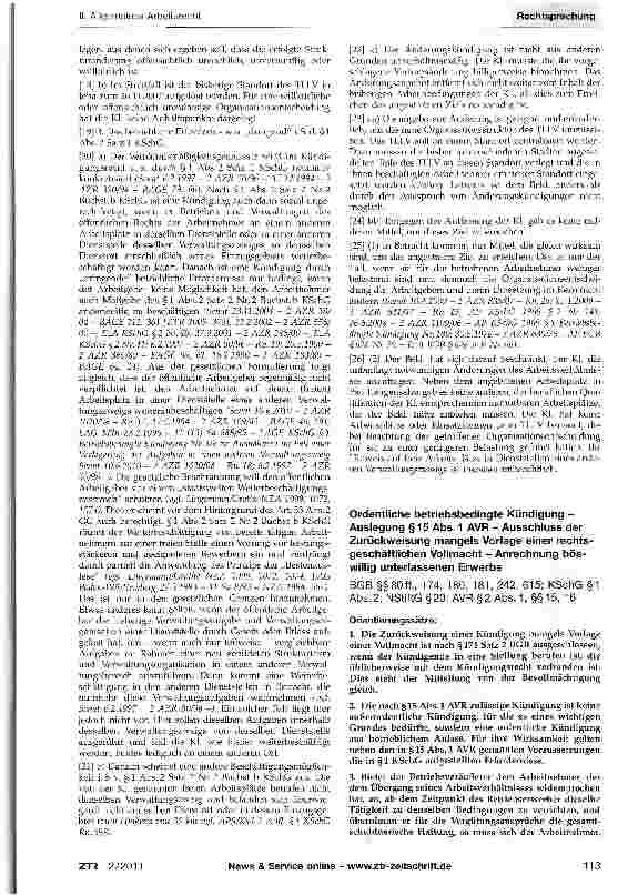 Vorschauseite 1: Ordentliche betriebsbedingte Kündigung -Auslegung §15 Abs. 1 AVR - Ausschluss der Zurückweisung mangels Vorlage einer rechtsgeschäftlichen Vollmacht - Anrechnung böswillig unterla…