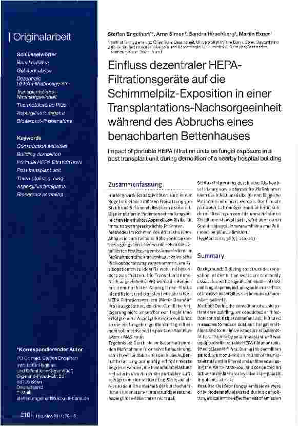 Vorschauseite 1: Einfluss dezentraler HEPA-Filtrationsgeräte auf die Schimmelpilz-Exposition in einer Transplantations-Nachsorgeeinheit während des Abbruchs eines benachbarten Bettenhauses