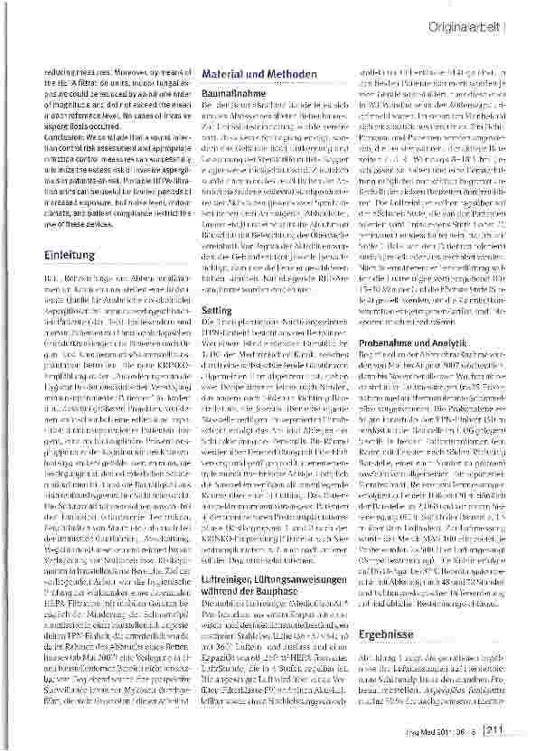 Vorschauseite 2: Einfluss dezentraler HEPA-Filtrationsgeräte auf die Schimmelpilz-Exposition in einer Transplantations-Nachsorgeeinheit während des Abbruchs eines benachbarten Bettenhauses