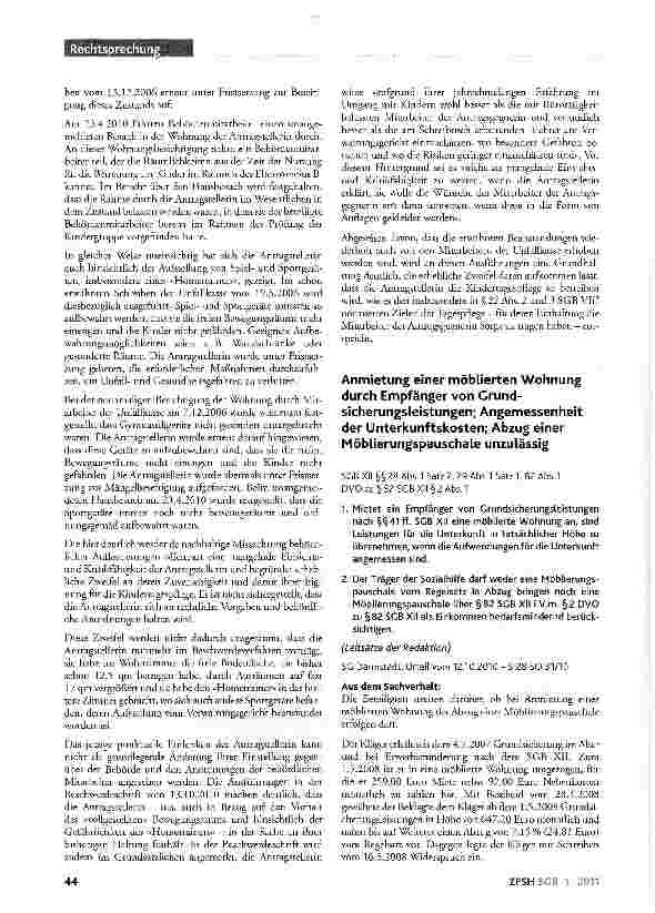 Vorschauseite 1: Anmietung einer möblierten Wohnung durch Empfänger von Grundsicherungsleistungen; Angemessenheit der Unterkunftskosten; Abzug einer Möblierungspauschale unzulässig