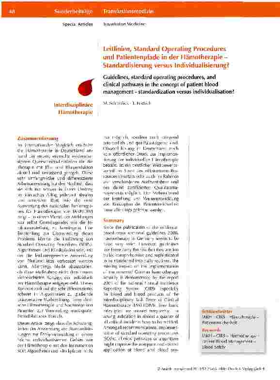 Vorschauseite 1: Leitlinien, Standard Operating Procedures und Patientenpfade in der Hämotherapie -Standardisierung versus Individualisierung?