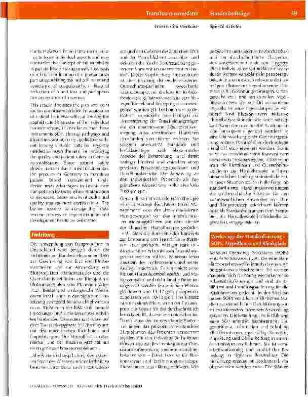 Vorschauseite 2: Leitlinien, Standard Operating Procedures und Patientenpfade in der Hämotherapie -Standardisierung versus Individualisierung?