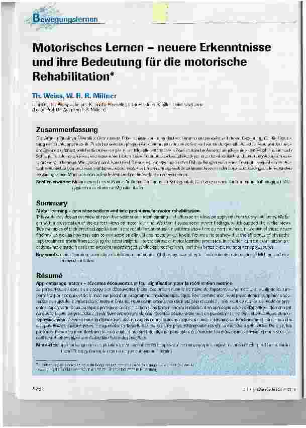 Vorschauseite 1: Motorisches Lernen - neuere Erkenntnisse und ihre Bedeutung für die motorische Rehabilitation
