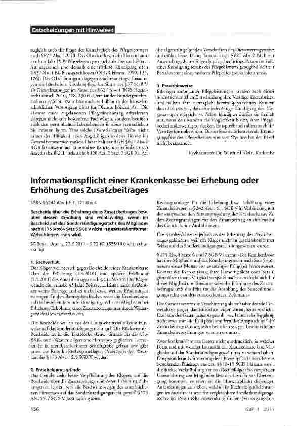 Vorschauseite 1: Informationspflicht einer Krankenkasse bei Erhebung oder Erhöhung des Zusatzbeitrages