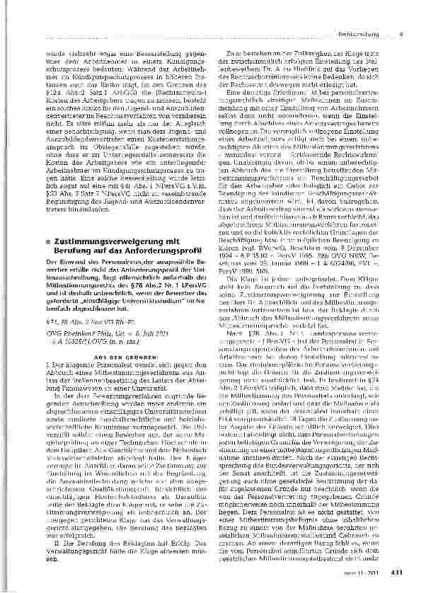 Vorschauseite 1: Zustimmungsverweigerung mit Berufung auf das Anforderungsprofil
