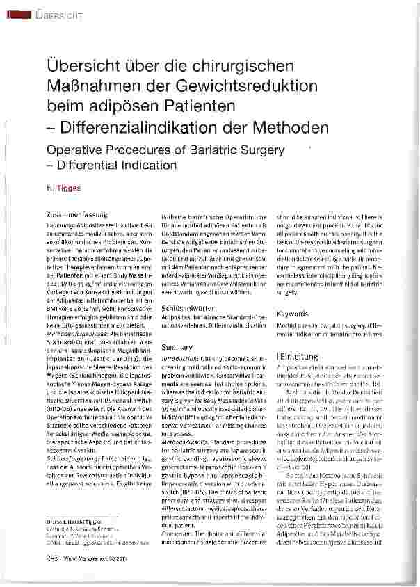 Vorschauseite 1: Übersicht über die chirurgischen Maßnahmen der Gewichtsreduktion beim adipösen Patienten - Differenzialindikation der Methoden