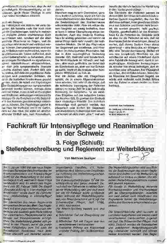Vorschauseite 1: Fachkraft für Intensivpflege und Reanimation in der Schweiz 3. Folge (Schluß): Stellenbeschreibungen und Reglement. .. .