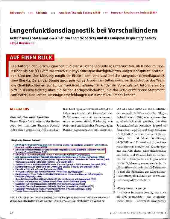 Vorschauseite 1: Lungenfunktionsdiagnostik bei VorschulkindernGemeinsames Statement der American Thoracic Society und der European Respiratory Society