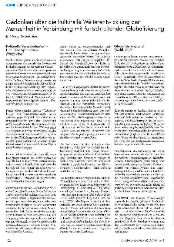 Vorschauseite 1: Gedanken über die kulturelle Weiterentwicklung der Menschheit in Verbindung mit fortschreitender Globalisierung