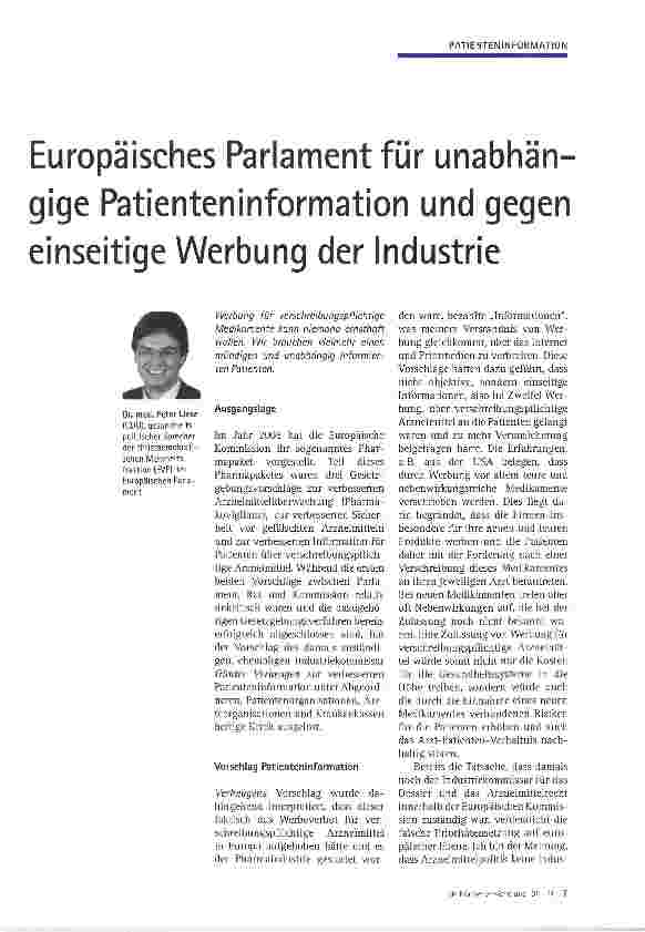 Vorschauseite 1: Europäisches Parlament für unabhängige Patienteninformation und gegen einseitige Werbung der Industrie